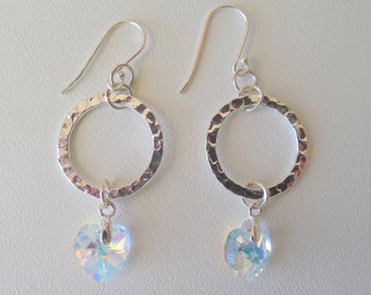 Swarovski Crystal Heart and Hammered silver earrings