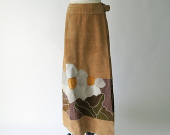 1970s Hand-Made Suede Maxi Skirt / Boho Leather Skirt