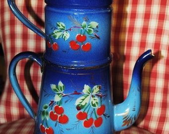 Antique Enameled French Coffee pot in Blue with cherries