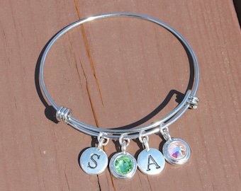 Two Initial and Two Swarovski Crystal Adjustable Bangle - Gifts for Her - Gifts for Mom