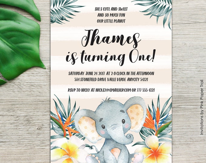 Elephant Birthday Invitation Boy, Boy Birthday Invitation Tropical Jungle Printable Invitation