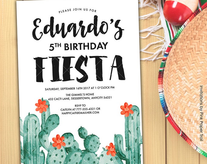 Cactus Cactii Succulents Birthday Fiesta Invitation, Mexican Boy Birthday Printable Invitation