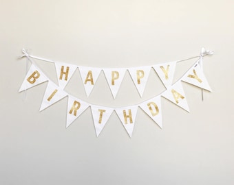 Happy Birthday Fabric Banner, Bunting, Garland - Gold, Silver, or Black Letters