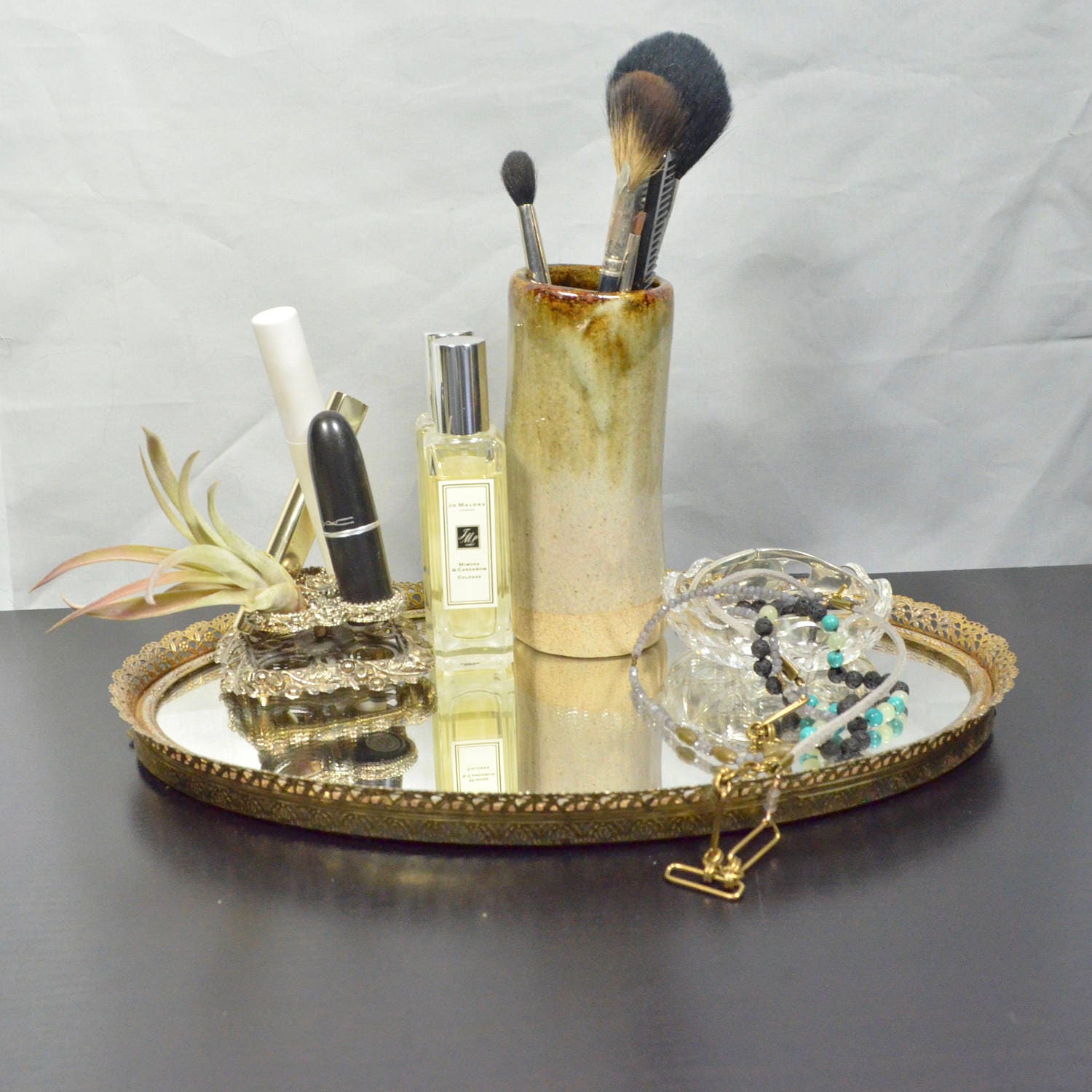 Cute Retro Brass Vanity Mirror Tray Dresser Bathroom Perfume