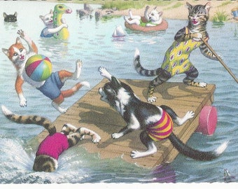 Vintage Alfred Mainzer Anthropomorphic Dressed Cats by Eugen Hartung Postcard Printed in Belgium, 1970s