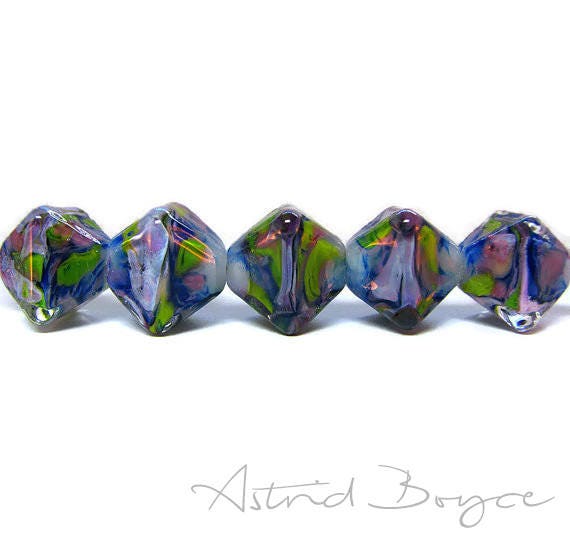Lavender Fields - Free USA Shipping - Crystals - Purple Green Greenery Artisan Lampwork Lamp Work Glass Bead Set - 14mm Crystal Clear Glass