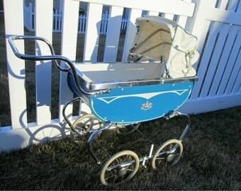 Vintage Baby Carriage - Coronet Baby Buggy Doll Pram - Rubber Tires, Gorgeous Chrome, & Blue Coronet Carriage - EXCELLENT Stroller Rocker