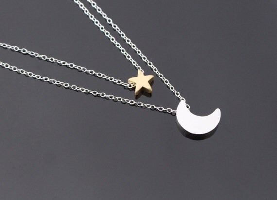 Double Layered Sterling Silver Tiny Star and Moon Necklace