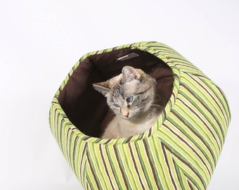Cat Ball modern pet bed in green stripes cotton fabric - Cat Cave with two openings