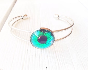 Bracelet, silver plated bangle, glass cabochon eyeball jewelry, spooky halloween eyeball bracelet, birthday gift for teen daughter,