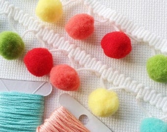 Pom Pom trim. Multi Coloured pom pom Trim, 15 mm pom poms . Red, Lime, Orange,Turquoise and yellow pom poms.