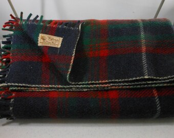 HORNER Vintage Wool Blanket Throw Navy Red Green Plaid 1950s