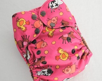 Pink Farm Animals - One Size Pocket Cloth Diaper