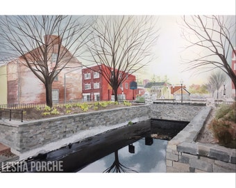 New- ORIGINAL PAINTING Canal in Maryland Thnksgiving - Watercolor and ink