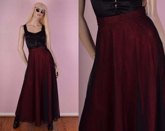 90s Red and Black Mesh Maxi Skirt/ US 10/ 1990s