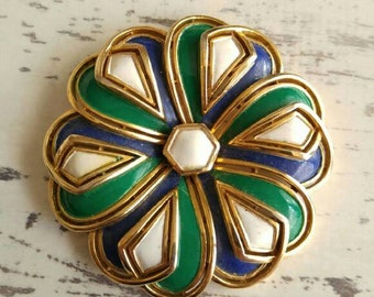 Vintage Enamel Flower Brooch Crown Trifari