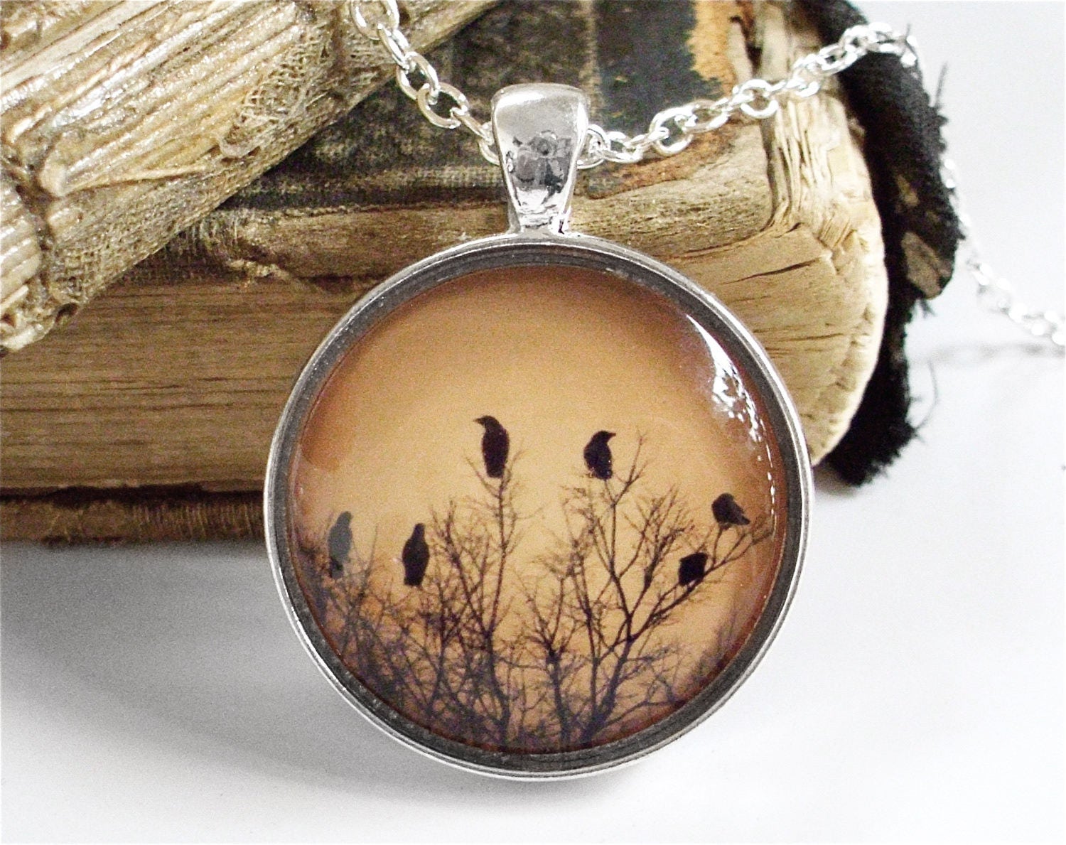 Crow Necklace in Silver Crows in Tree Raven Necklace