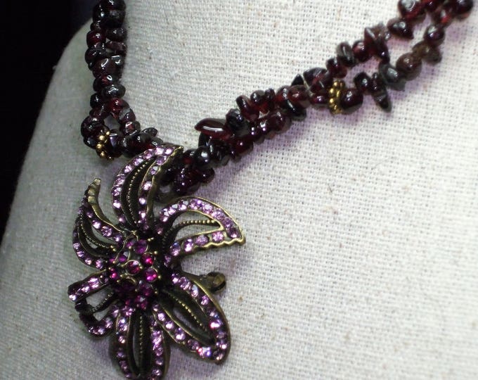 Garnet chips double strand necklace/choker with a beautiful Brooch, pendant