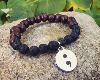 Semicolon project mala meditation yoga bracelet for suicide prevention mental health awareness unisex wood and lava stone