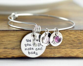 Personalized I love you to the moon and back, Gifts for Grandma, Grandma Bracelet, Grandmother Bracelet, Birthstones Bangle, Mothers Gift