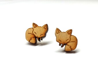 Sleeping Fox Earrings | Laser Cut Jewelry | Hypoallergenic Studs | Wood Earrings