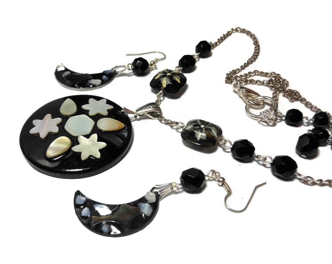 FREE SHIPPING Lip shell necklace earrings, Celestial moon stars, mother of pearl, black resin, Czech lampwork glass beads, silver plated