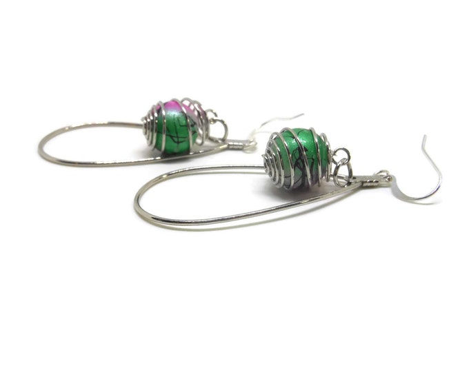 FREE SHIPPING Large teardrop earrings, silver tone metal, caged pink and green glass swirl beads, funky fun dramatic large