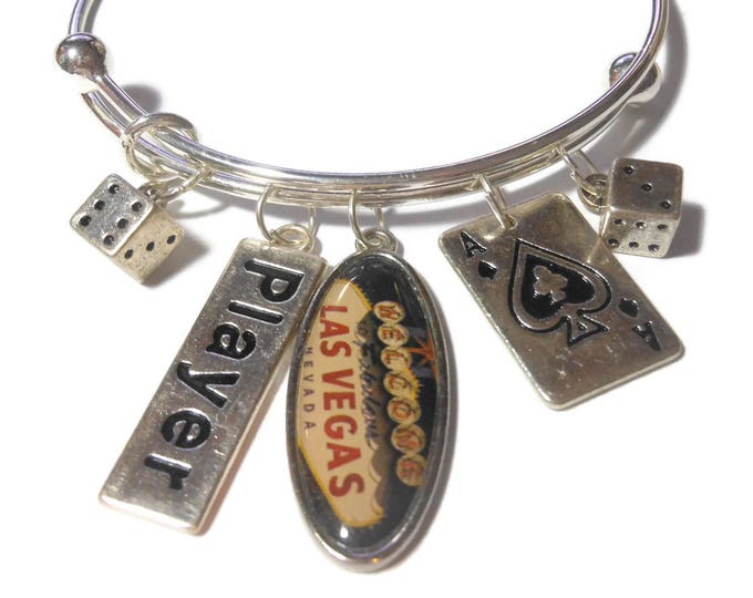 FREE SHIPPING Casino gambling charm bracelet, Las Vegas charm, player charm, ace of spades, dice charms silver, adjustable bangle bracelet