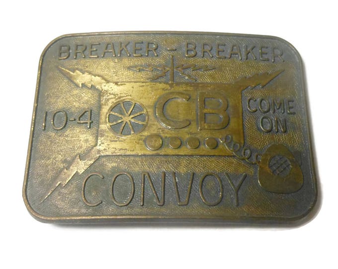 CB belt buckle, Breaker Breaker 10-4, Convoy Come on, Citizen's Band radio, CB radio, bronze western belt buckle, radio tower vintage