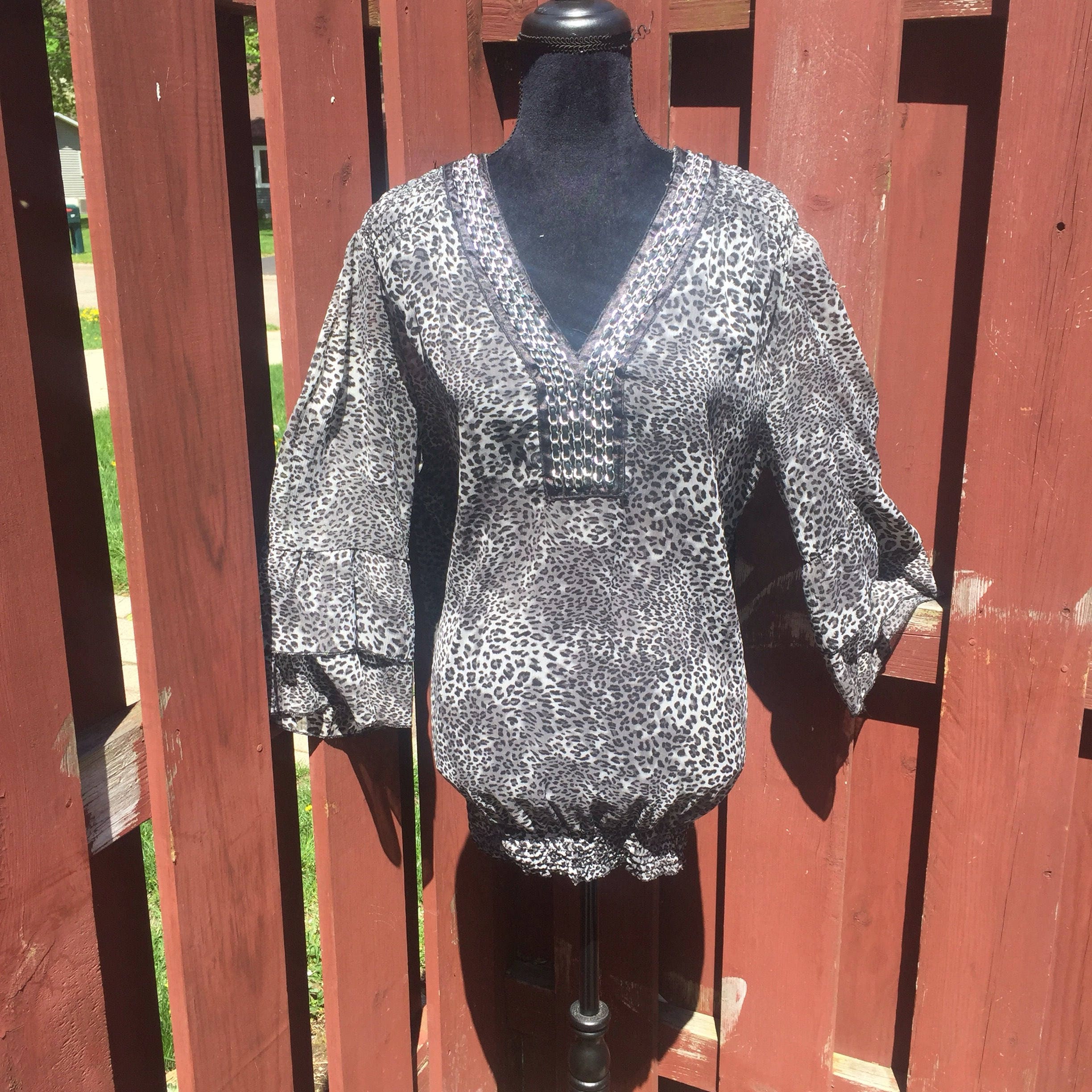 Vintage Plus Size Leopard Print Top / Sheer Polyester Black