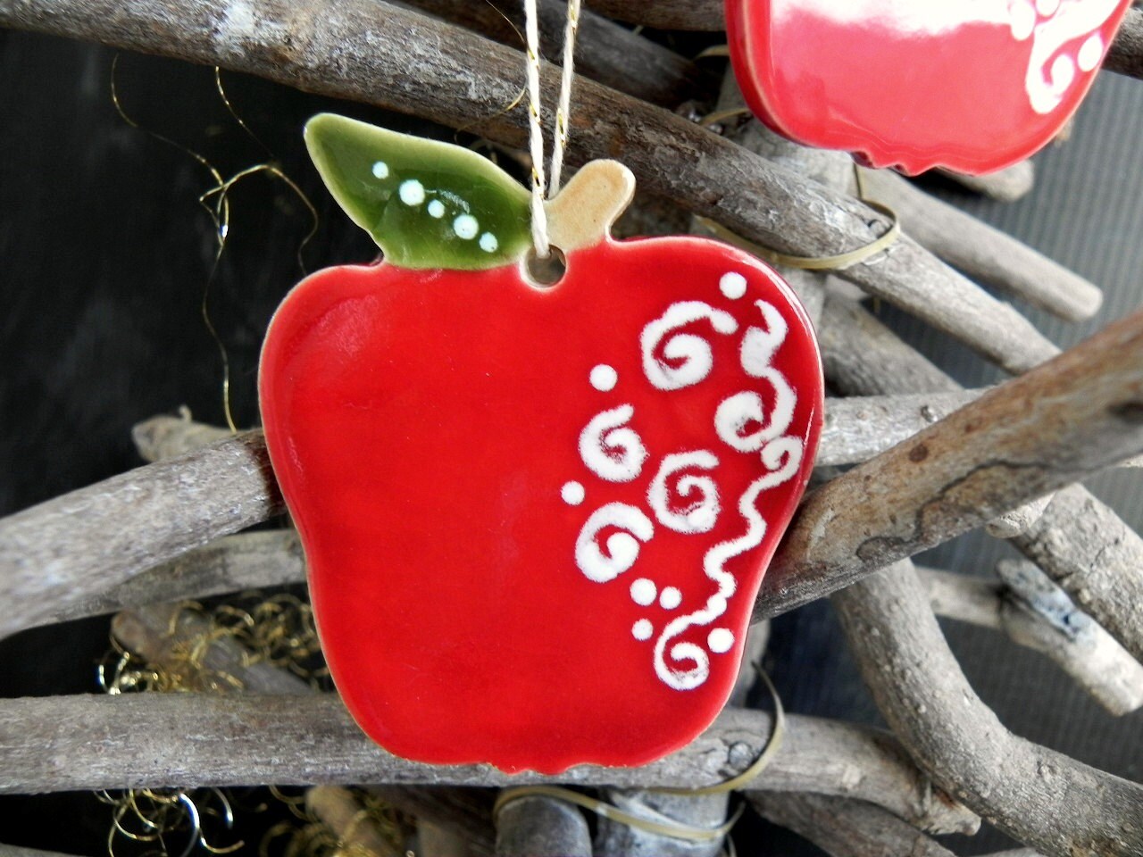 Apple Christmas Ornaments Red Green Ceramic Winter Home