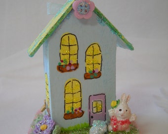 Easter Decorations, Putz, Mixed media altered art, wooden house, Miniature, bunnies, glitter, vintage images, vintage Easter ornaments