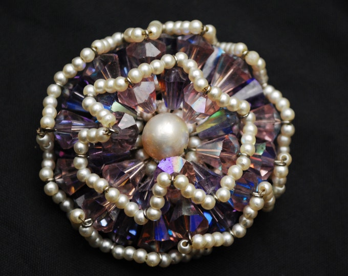 Vendome Brooch - Purple Crystal Rhinestone - faux pearl seed Bead - signed - Floral Atomic - Aurora borealis - Cluster bead pin