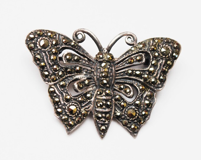 Sterling Marcasite Butterfly Brooch - Silver Insect Art Deco figurine Pin