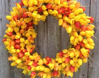 Yellow and Orange Tulip Wreath, Spring Wreath, Summer Wreath, Outdoor Wreath, Grapevine Wreath, Mother's Day