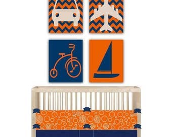 Baby Boy vivero decoración, arte de la pared del transporte, coche, avión, bicicleta, velero juego de 4 láminas, arte moderno vivero de niño de la pared, arte de los niños