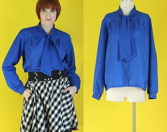 Vintage 70s Bow Blouse - Secretary Blouse - Royal Blue Shirt - 80s Blouse - Tie Neck Blouse - Jewel Tone Blue Blouse - Size Large / XL
