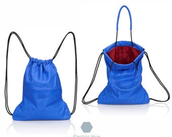 Blue leather backpack leather tote multi-way leather bag - leather handbag - SALE leather purse sack - gym backpack leather tote - rucksack