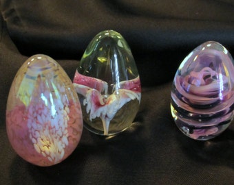 Set of Three Art Glass Eggs