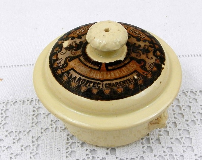 Small Antique "Terrine de Foies Gras aux Truffes" Truffles Lidded Pot with Original Paper Label by Sarrguemines from France, French Countr Small Antique "Terrine de Foies Gras aux Truffes" Truffles Lidded Pot with Original Paper Label by Sarrguemines from France, French Countr