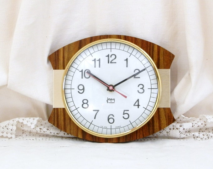 Working Vintage Mid Century French Wooden Formica and Anodized Wall Clock, French Mid Century Decor, Retro Vintage Home, Interior Design