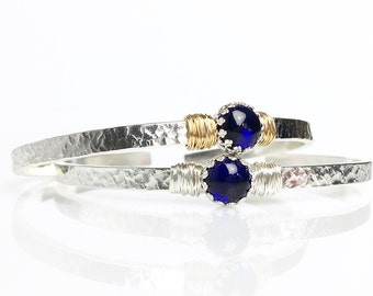 Genuine Sapphire Cuff Bracelet / Blue Sapphire Sterling Silver Cuff / Gemstone Cuff Bracelet / September Birthstone Bracelet / Gift for Mom