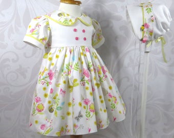 Easter Dress and Bonnet, Baby Girl, Size 12 months, Handmade, Whimsical Print, Dragonflies, Snails, Butterflies, Flowers, Ready to Ship