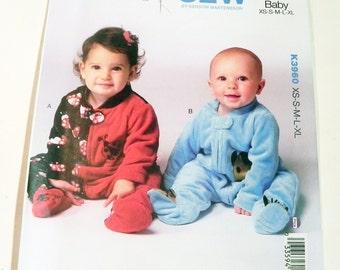 Baby Romper Onsie Coverall Footed PJs sewing pattern Kwik Sew 3960 Newborn 0-3 3-6 6-12 12-18 months UNCUT FF