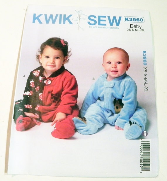 Baby Romper Onsie Coverall Footed PJs sewing pattern Kwik Sew 3960 Newborn 0-3 3-6 6-12 12-18 months UNCUT FF