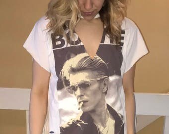 David Bowie custom ripped choker neck oversized concert tee shirt- size small/medium/large/XL