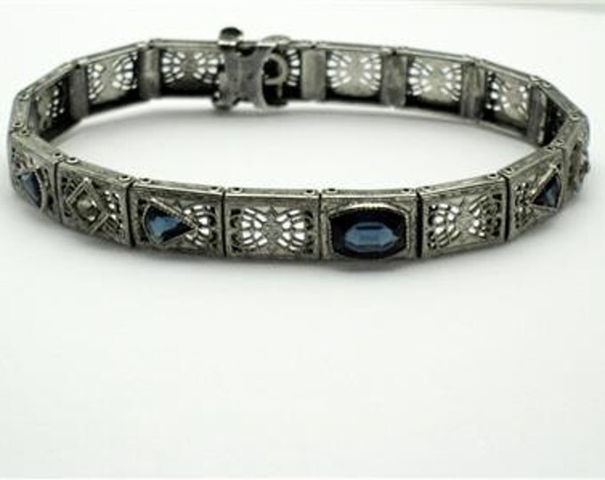 Art Deco Sterling Sapphire Bracelet, 1920's Signed Granbery, Filigree Panels, Art Deco Jewelry