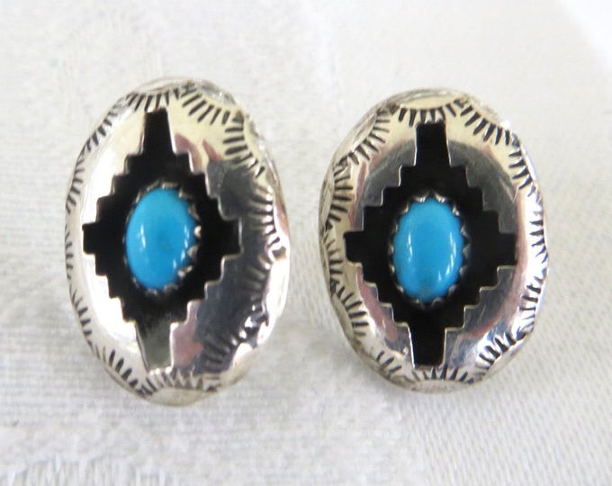 Sterling Navajo Earrings, Vintage Navajo Turquoise Pierced Earrings, Native American Jewelry