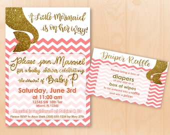 Custom Mermaid Baby Shower Invitation and Diaper Raffle Card Printable *Under The Sea Baby Shower* Coral and Gold Baby Shower Invite