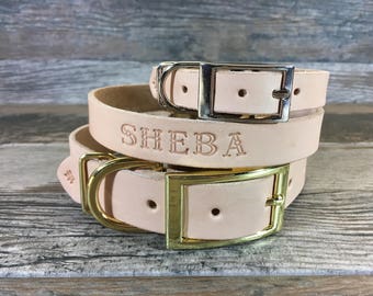 Personalized Off White Leather Dog Collar with FREE Name